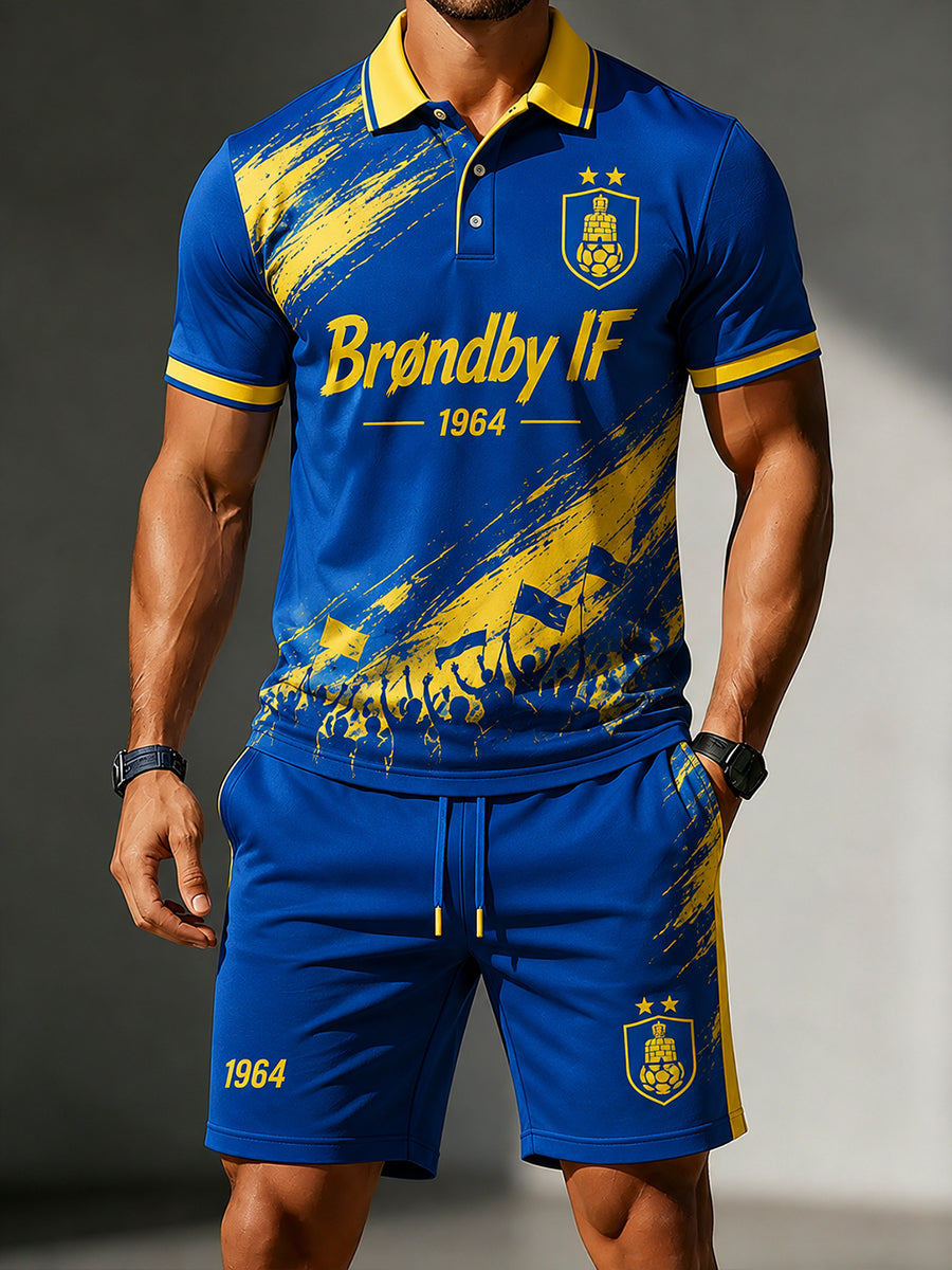 Mænds kortærme Polo skjorte og shorts sæt med fodbold inspireret print