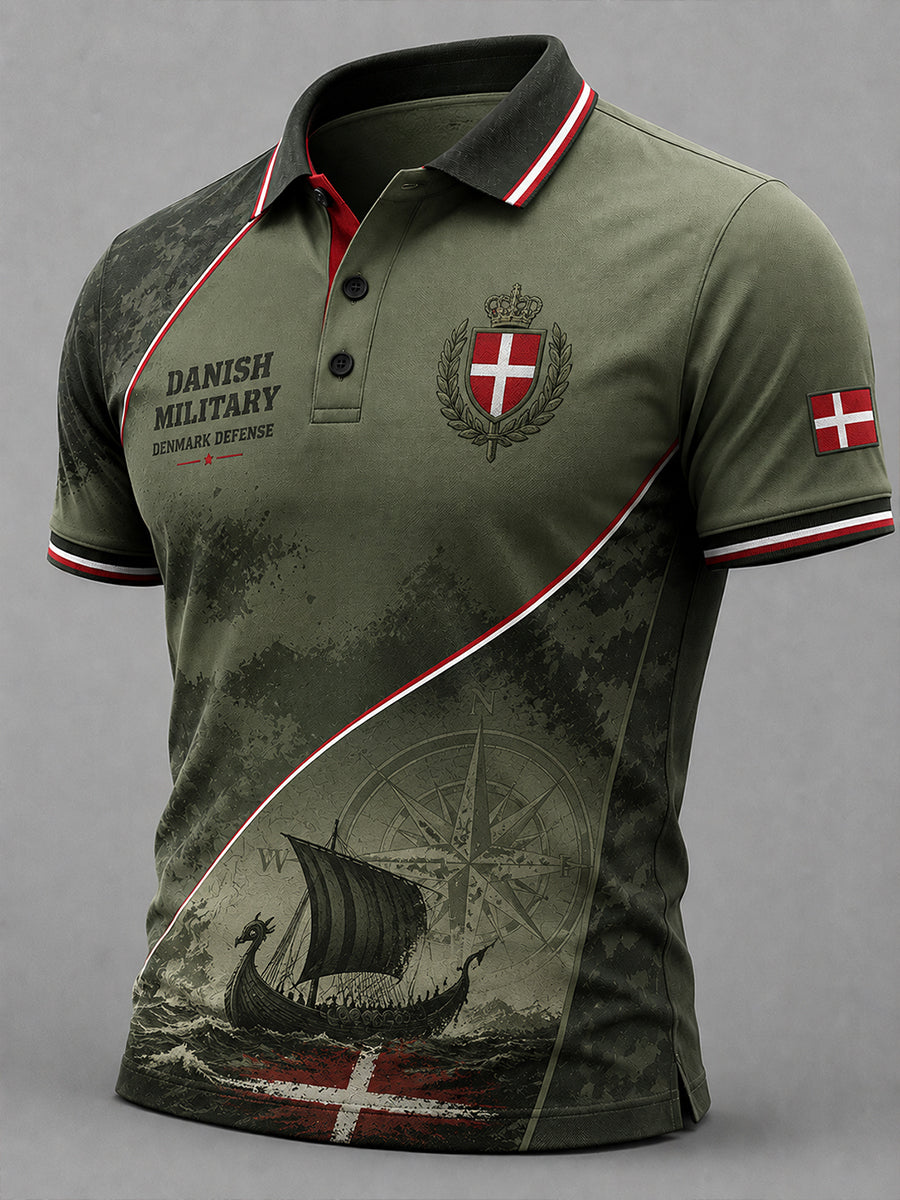 Mænds poloshirt med korte ærmer og vintagemønster i militærstil