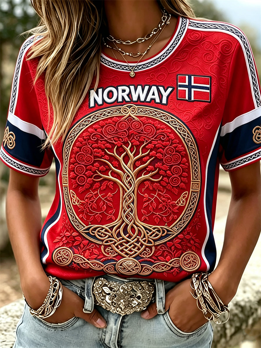 Damelag Norway viking Livets tre keltisk knute flaggtrykk t-skjorte med kort ermer