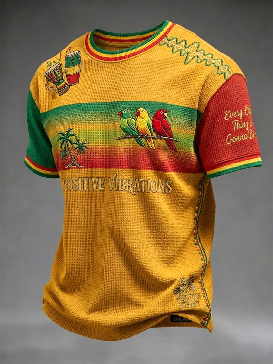 Retro Reggae Gradient Patchwork Casual Vaffel-Vævning T-shirt