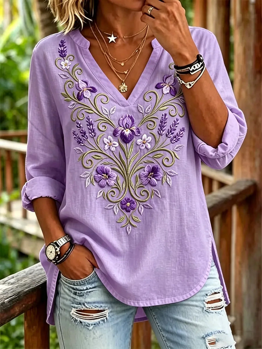 Kvinders lilla blomster & Alzheimers bevidsthed Support Print V-Neck Toppe