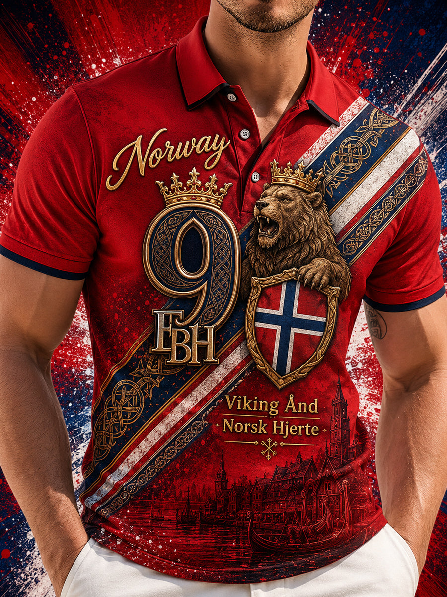 Menns norsk viking-inspirert patriotisk minnepolo med kunsttrykk