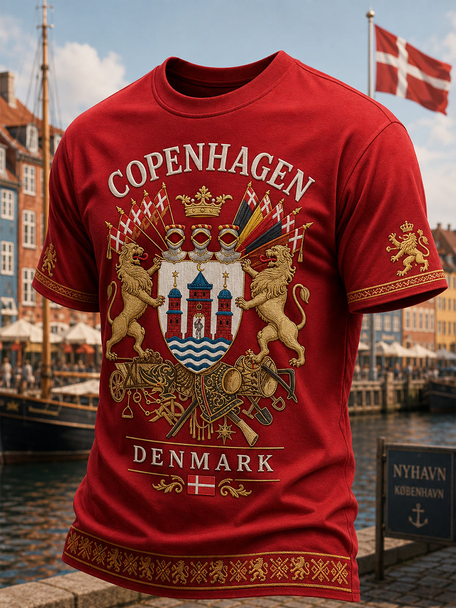 Herre-T-shirt med korte ærmer og grafisk print i vintage-stil med motiv af en by som souvenir