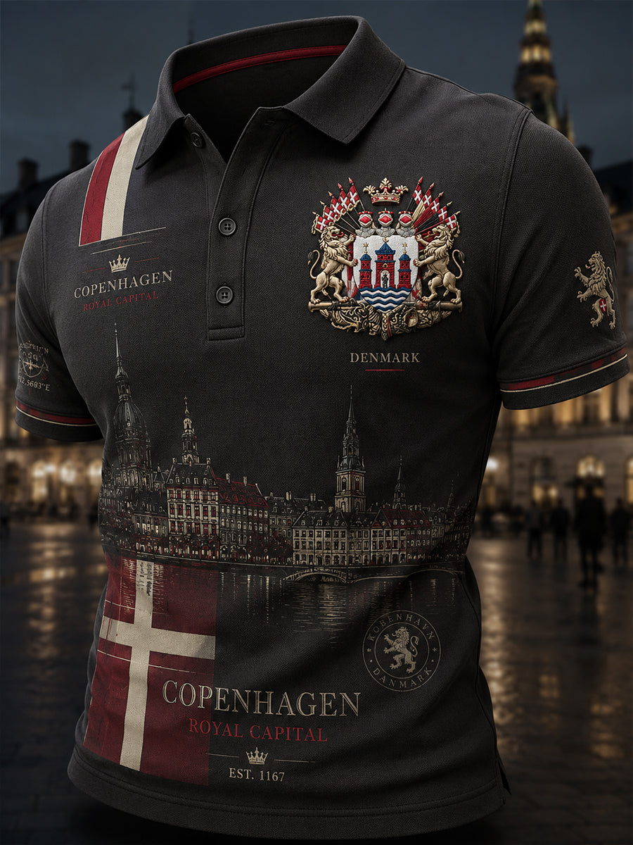 Polo-skjorte til mænd med kort ærme og grafisk print i vintage-stil med motiv af en by som souvenir