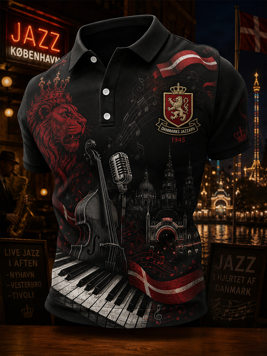 Polo-skjorte til mænd med korte ærmer og vintage jazzprint