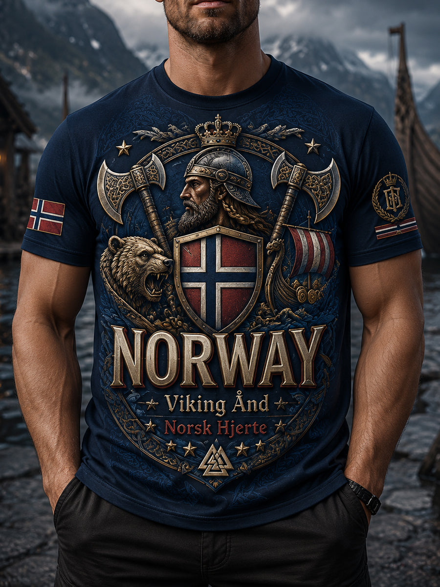 Menns norsk viking-inspirert patriotisk kunsttrykk-T-skjorte
