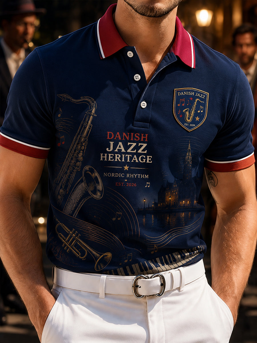Mænds kortærme Polo skjorte med Vintage Jazz-tema print