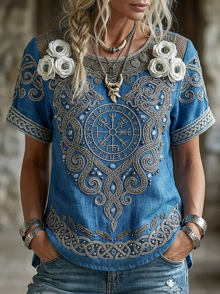 Damens klasse Viking kompass Vegvisir Floral Print Linen Kort-ærmet T-skjorte