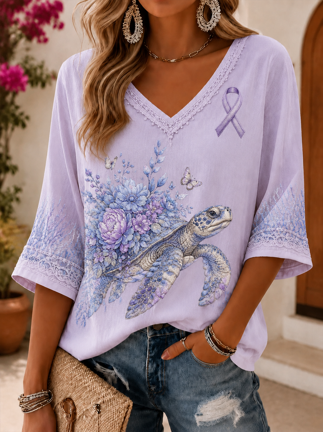 Kvinders Alzheimers sygdom Midt-længde ærmer V-hals T-shirt