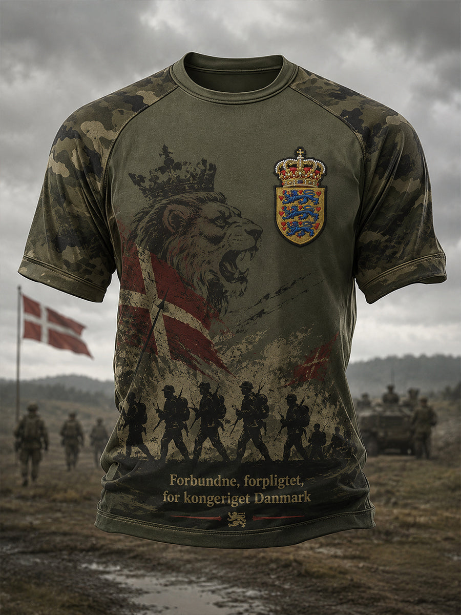 Mænds raglan-T-shirt med korte ærmer og militærstilsmotiv