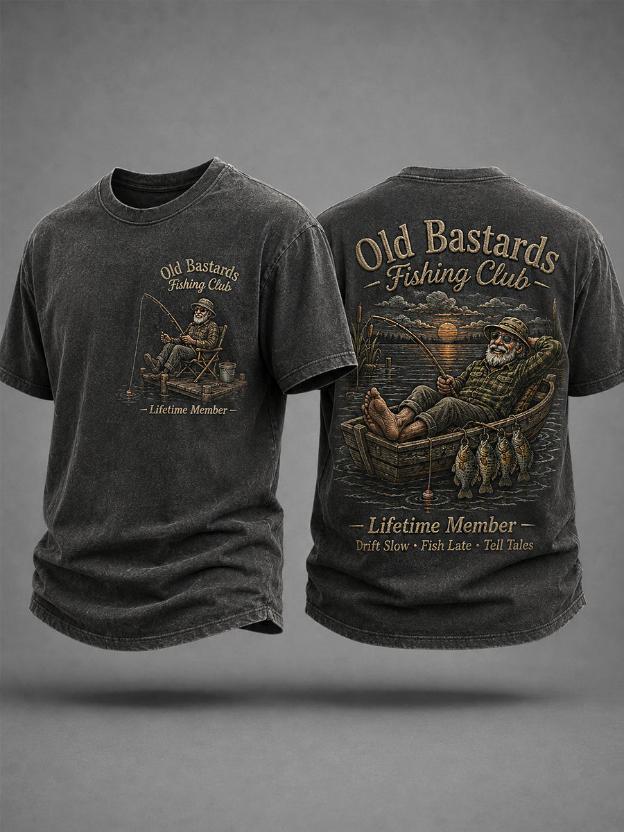 Mænds sjove gamle skiderikker fiskerklub livstidsmedlemsprint afslappet t-shirt