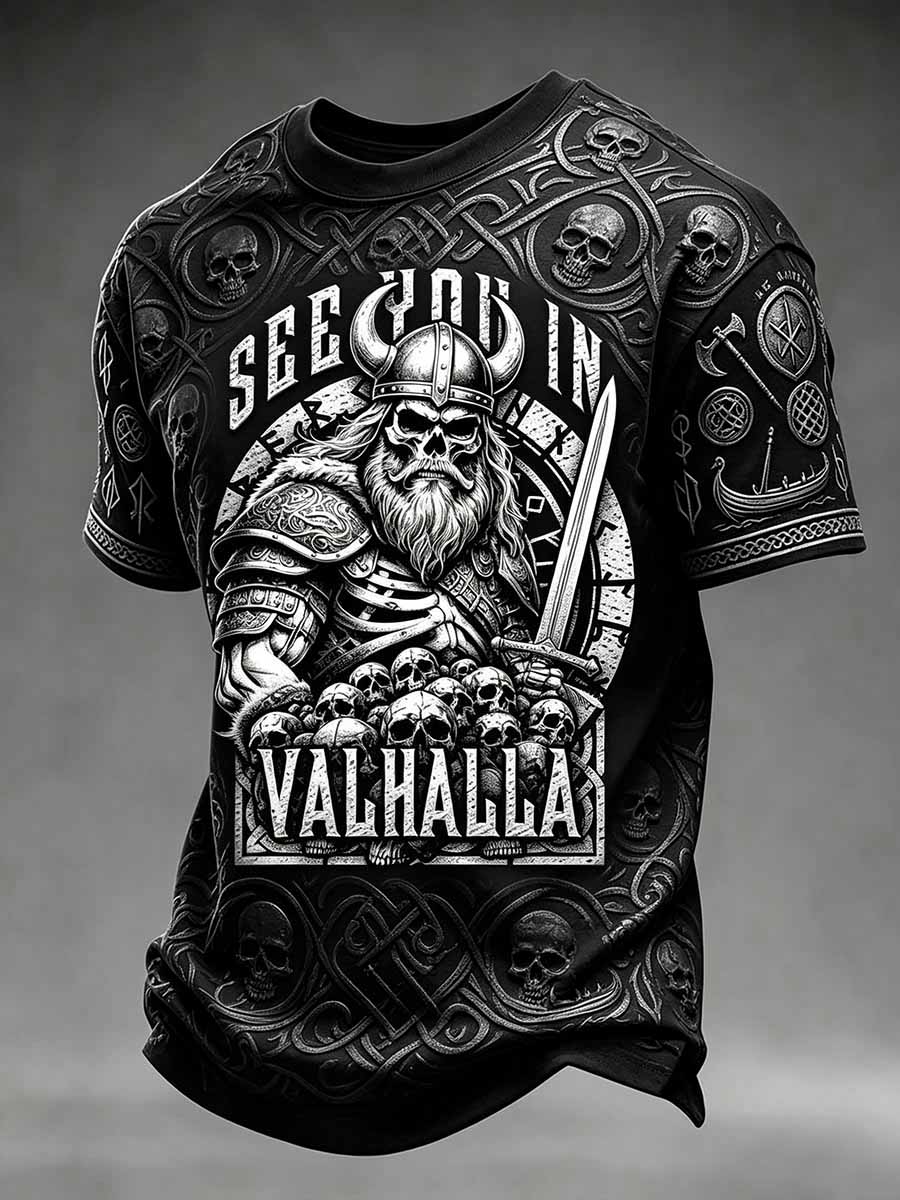 Vintage vikingkriger-print-T-shirt til mænd
