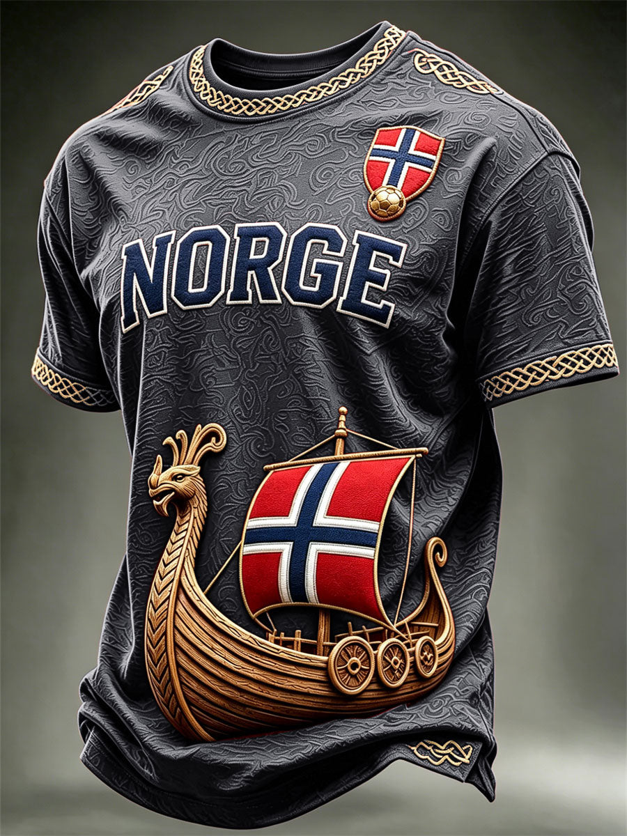 Menns Norge Viking skip Norge Fotball og flagg kunst Skriv ut korte ermer t-skjorte