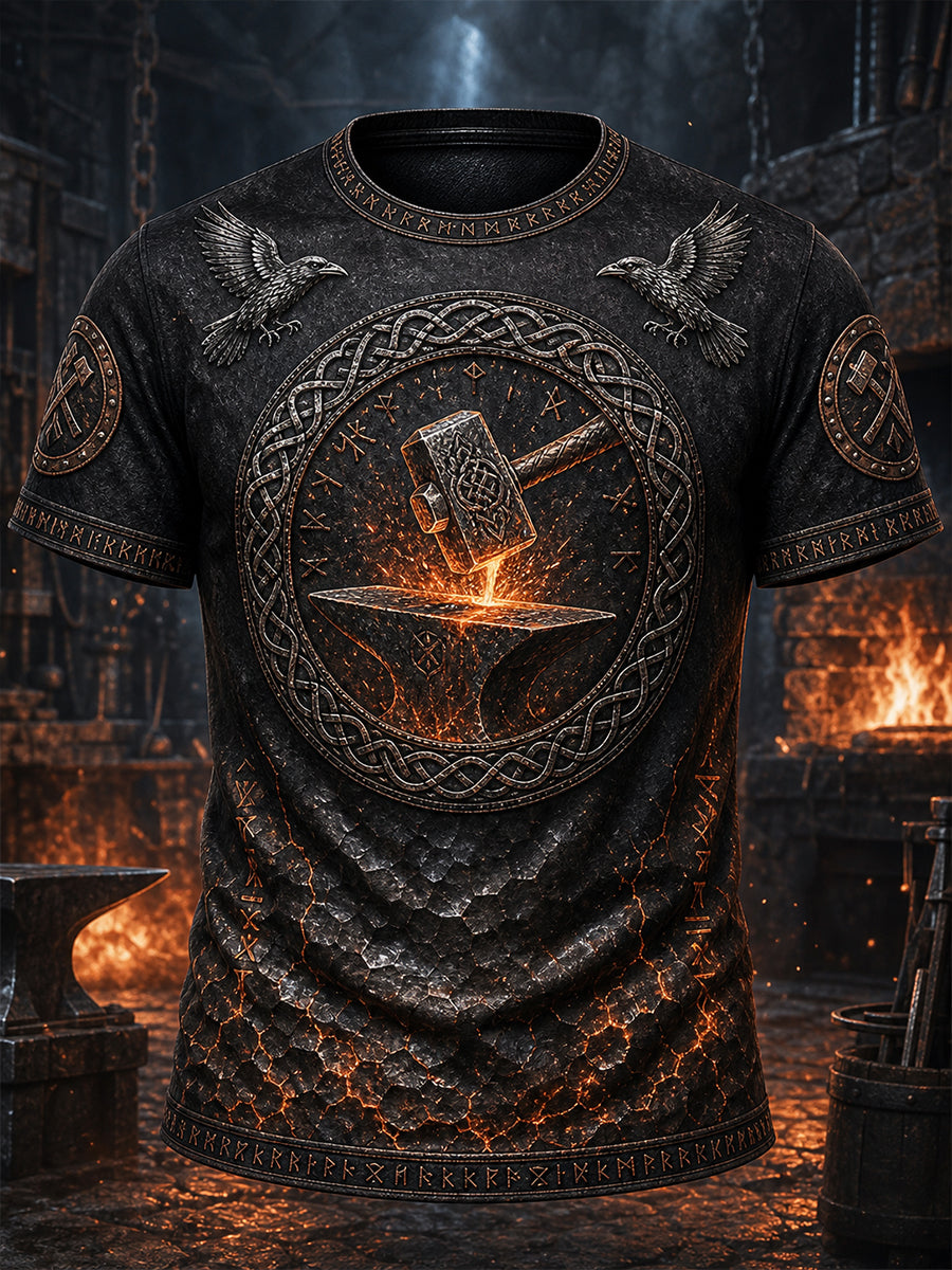 Retro viking-nordisk stil grafisk trykk avslappet t-skjorte