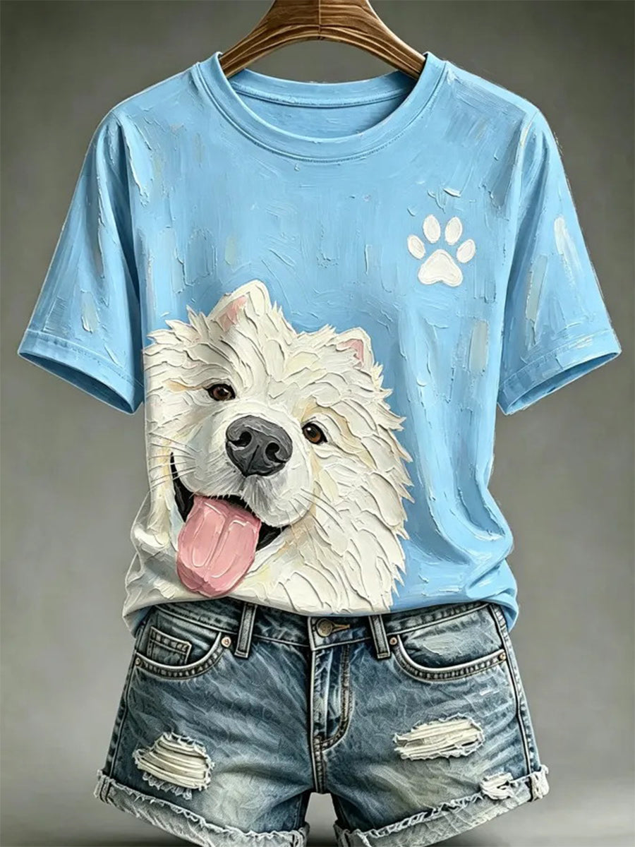 Kvinders hunde-oliebilledstil printet afslappet t-shirt