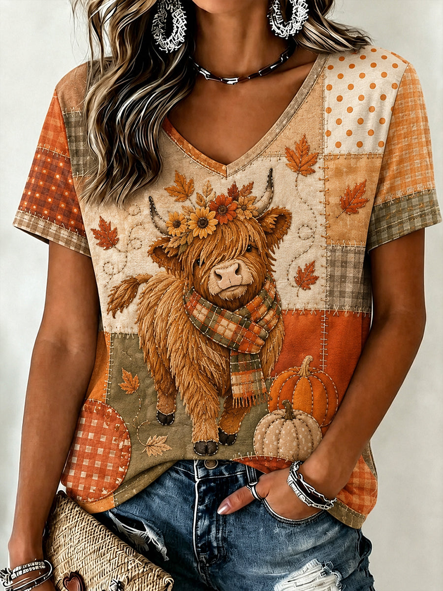 Kvinders efterårsstil, patchwork-print, casual T-shirt med V-udskæring