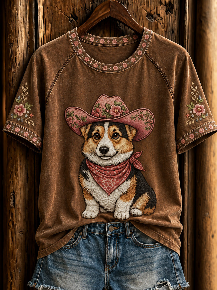 Kvinder Retro Western Cowboy Dog Short Sleeve T-shirt