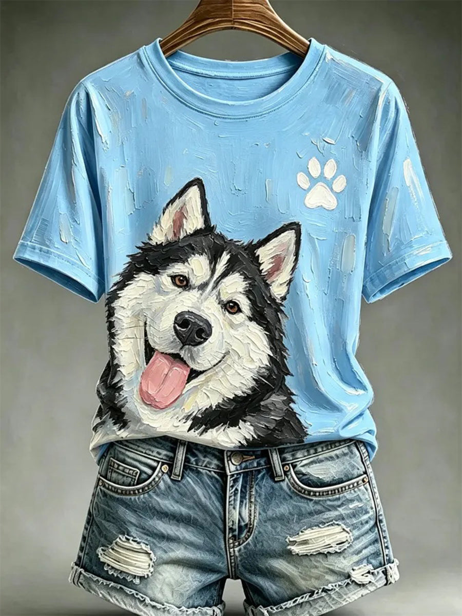 Kvinders hunde-oliebilledstil printet afslappet t-shirt