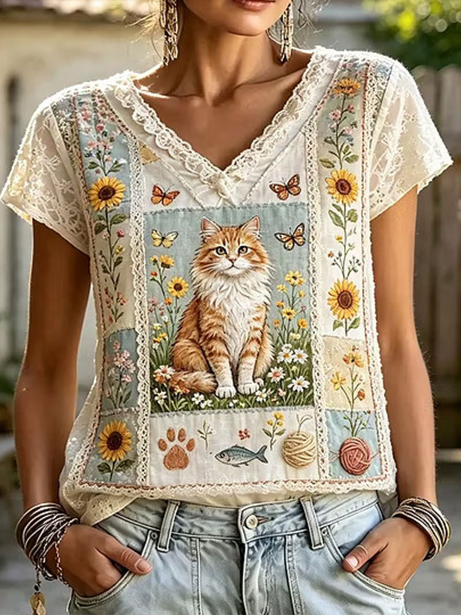 Kvinder Elegant blomsterkat Cotton linn toppen