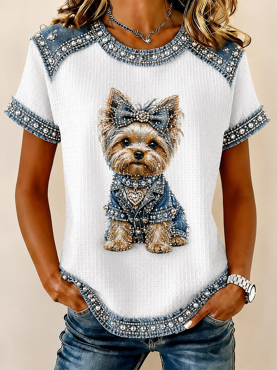 Kvinders Denim Patchwork hund Print Vaffel Casual Tee