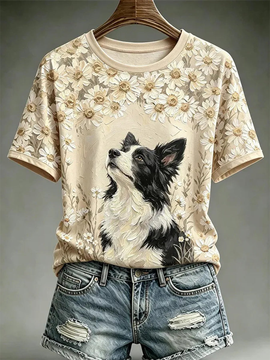 Kvinders hunde-oliebilledstil printet afslappet t-shirt