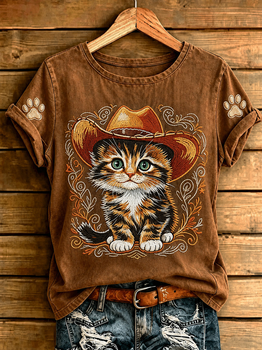 Kvinder Retro Western Cowboy kat korte ærme T-shirte