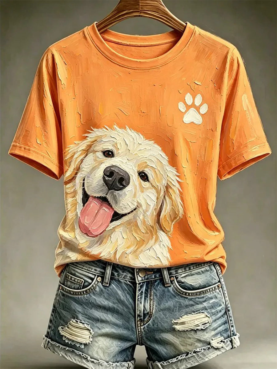Kvinders hunde-oliebilledstil printet afslappet t-shirt