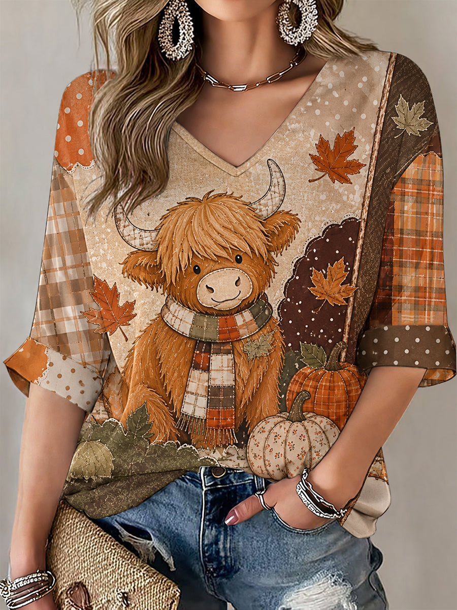 Kvinders efterårsstil, patchwork-print, casual T-shirt med V-udskæring