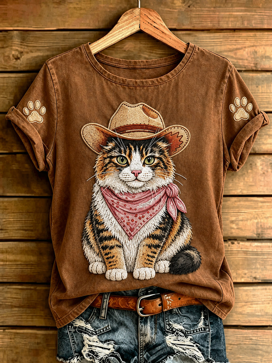 Kvinders retro western cowboy kat t-shirt med korte ærmer