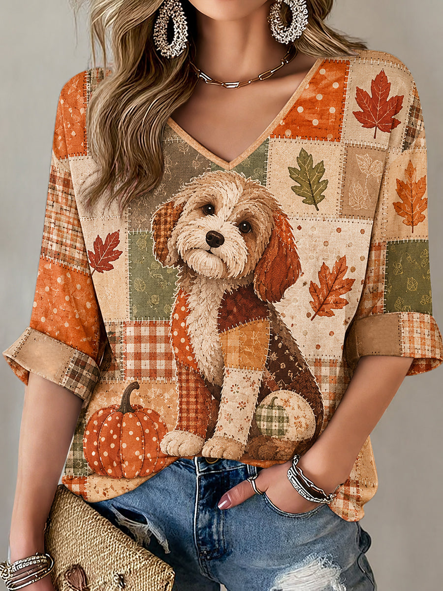 Kvindernes fald patchwork Print Casual V-hals T-shirt