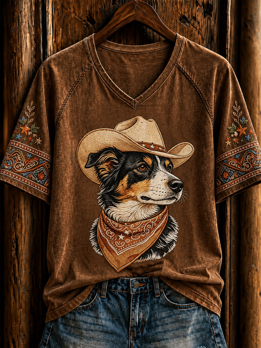 Kvinder Retro Western Cowboy Dog Short Sleeve T-shirt