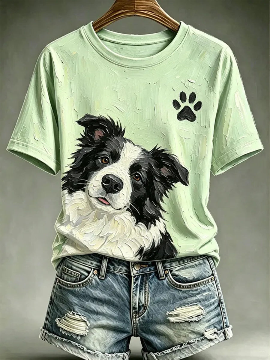 Kvinders hunde-oliebilledstil printet afslappet t-shirt