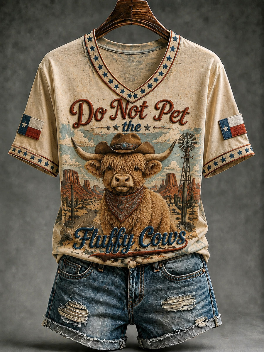 Vintage “Gør ikke Pet de fluffy køer” Casual V-hals T-shirt