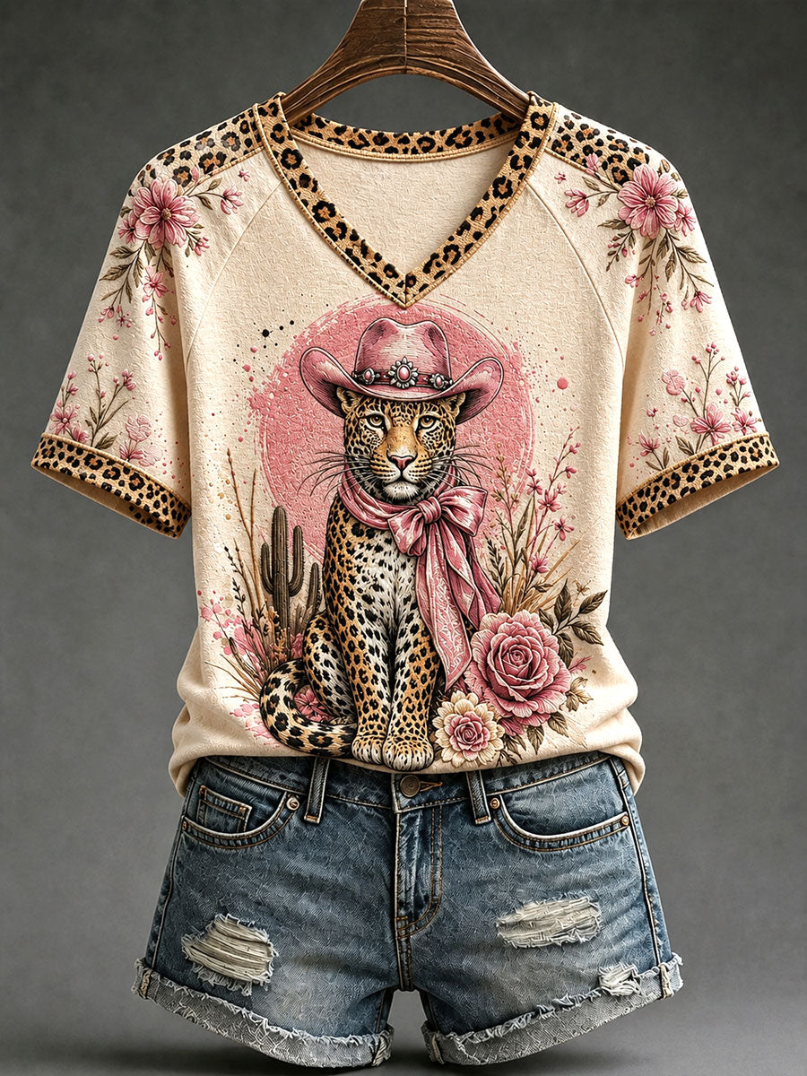 Kvinders sjove Leopard Print V-hals T-shirts