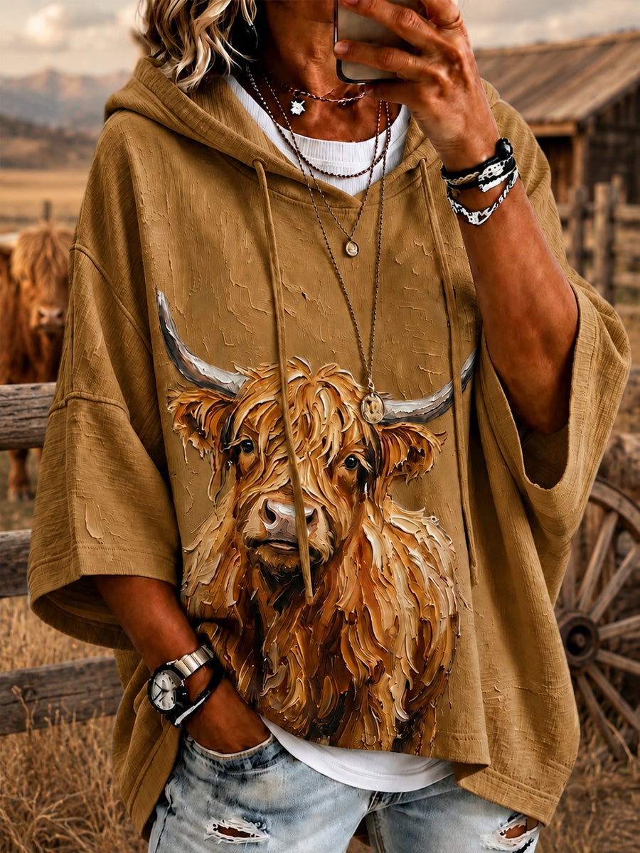 Kvinders Retro Western Highland Kvæg Casual Loose Hoodies