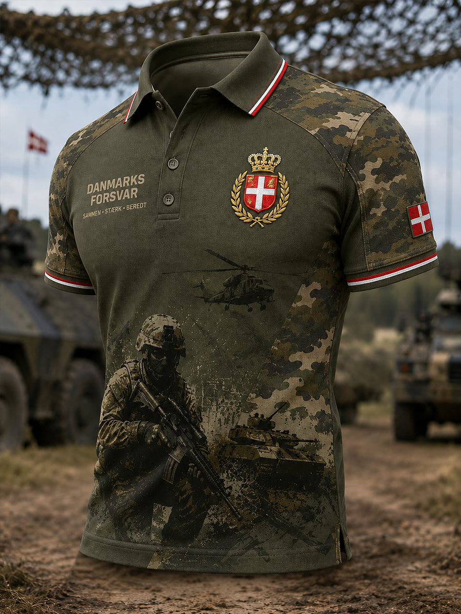 Mænds poloshirt med korte ærmer og vintagemønster i militærstil