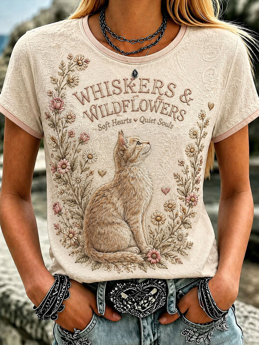 Kvindekattekunsttryk afslappet t-shirt med korte ærmer
