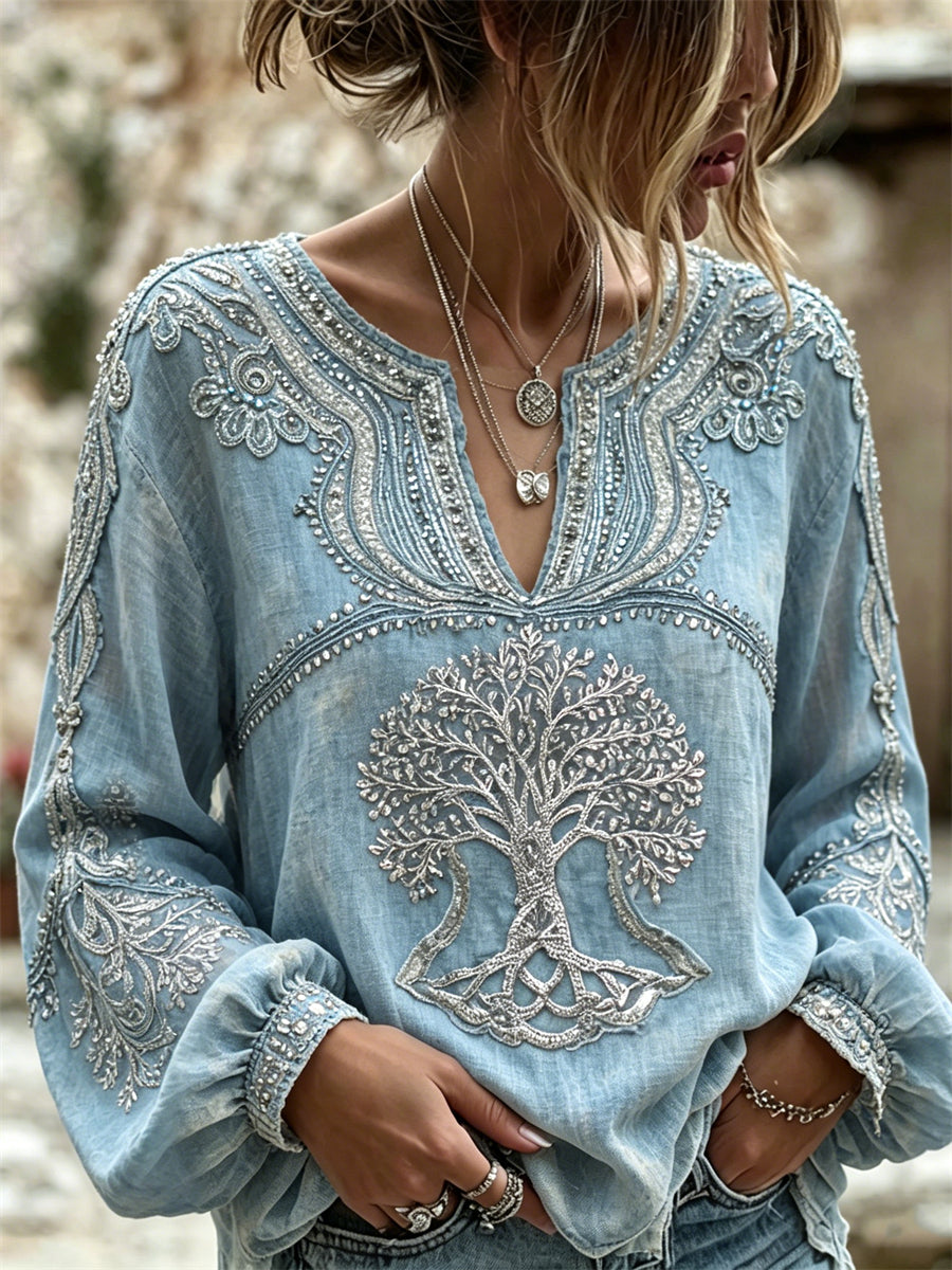Kvinders stilfulde Viking træ af livet Glitter Print bomuld-Linen skjorte