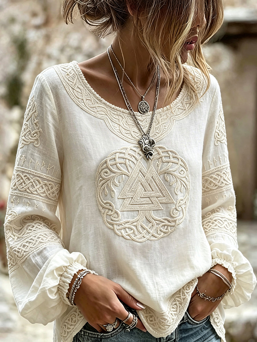 Kvinders klasse Viking inspireret keltisk print bomuld-Linen skjorte