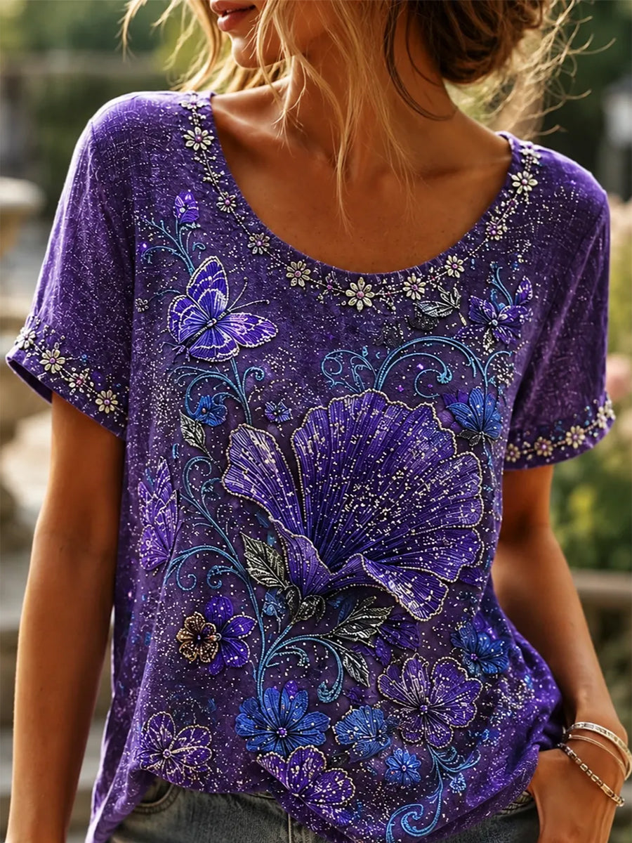 Damens klassiske sommerfugl Blomster Print Linen Kortærmet T-shirt