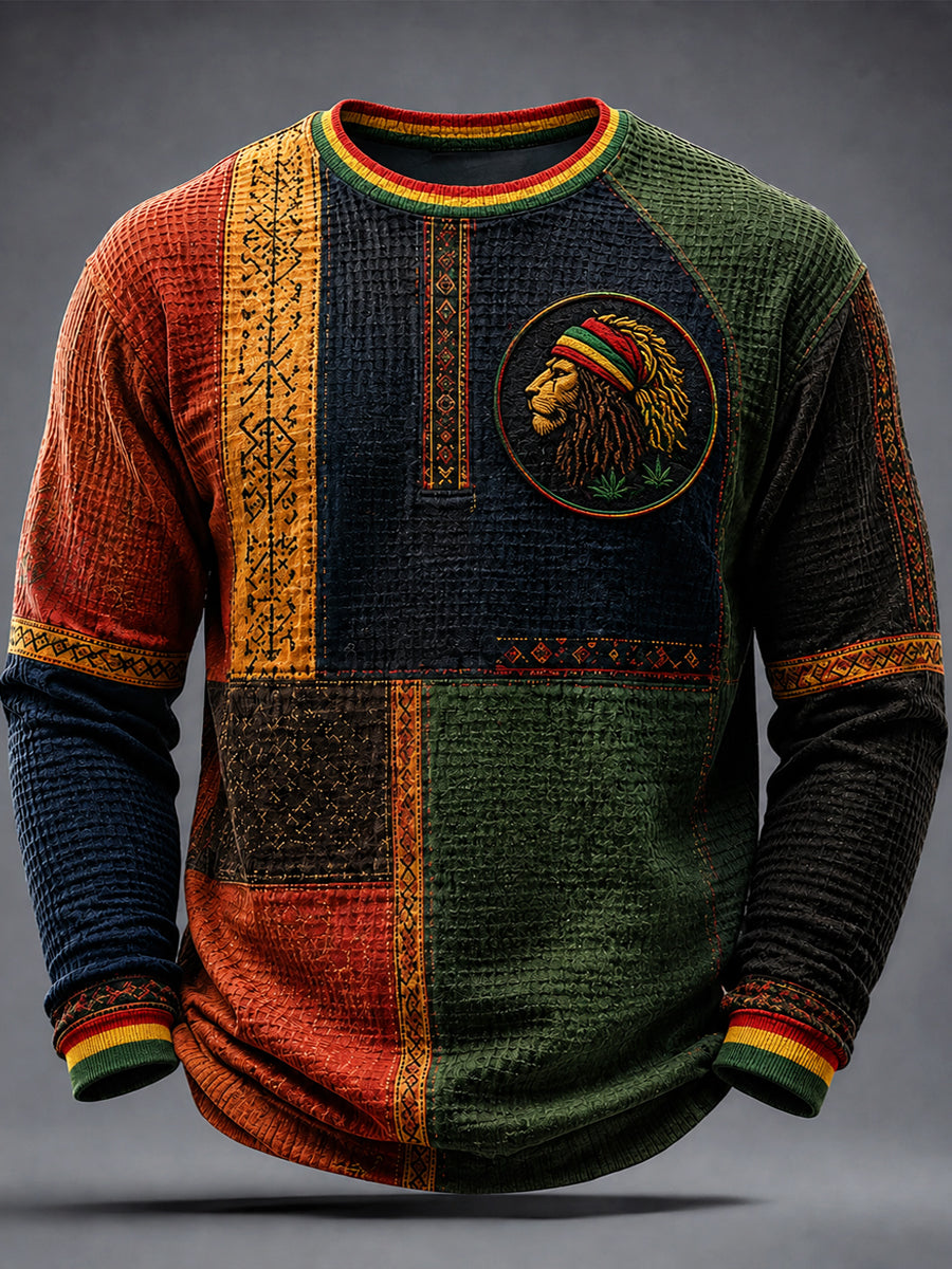 Retro Reggae Music Lion Waffle-Væv etnisk-stil T-shirt