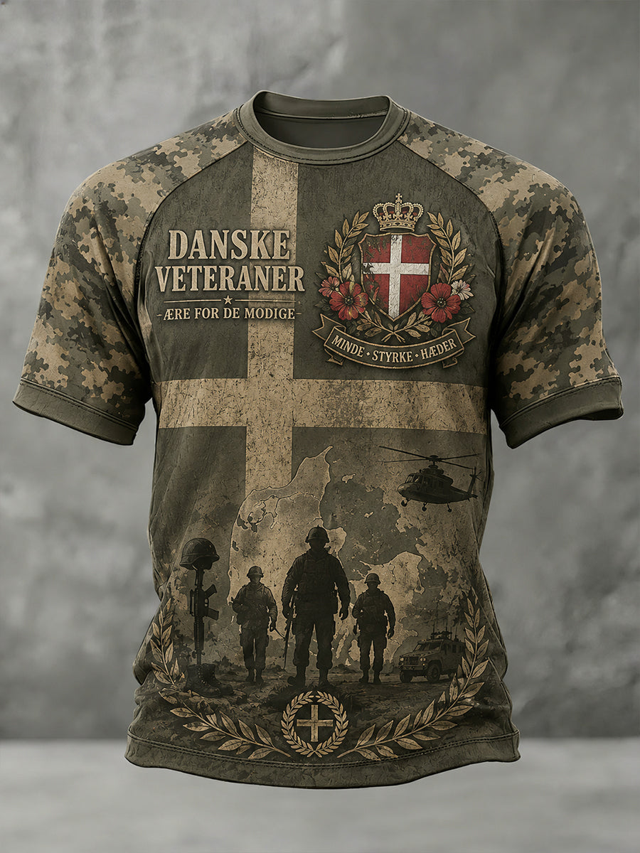 Mænds raglan-T-shirt med korte ærmer og militær camouflageprint