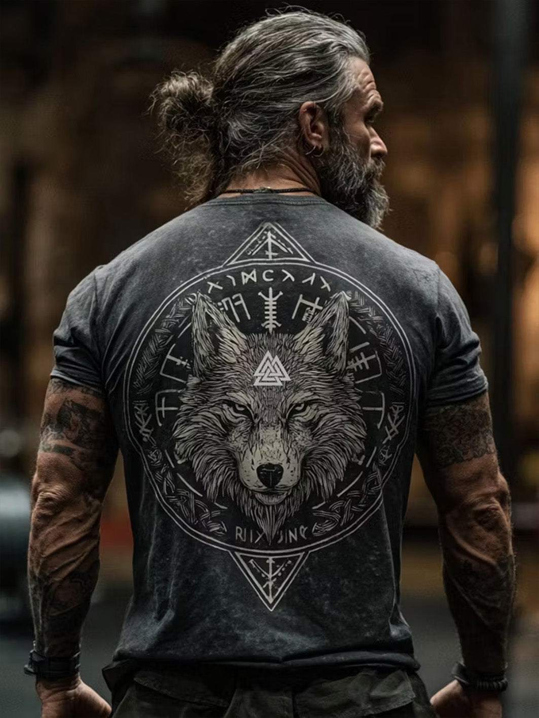 Mænds retro Viking ulv mønster trykt afslappet kort ærme T-shirt