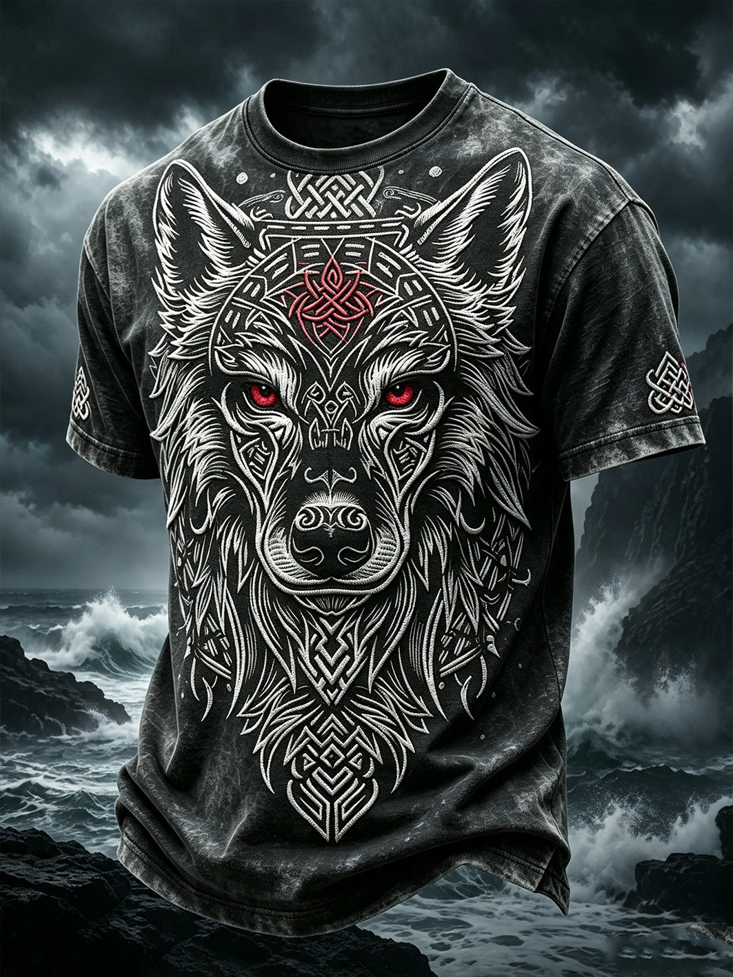 Mænds retro vikingelupemønster trykt afslappet t-shirt med korte ærmer