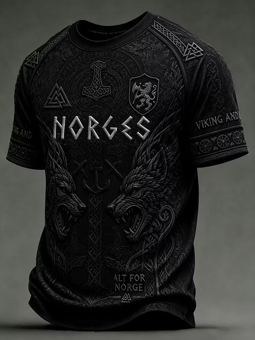 Mænds retro vikingelupemønster trykt afslappet t-shirt med korte ærmer