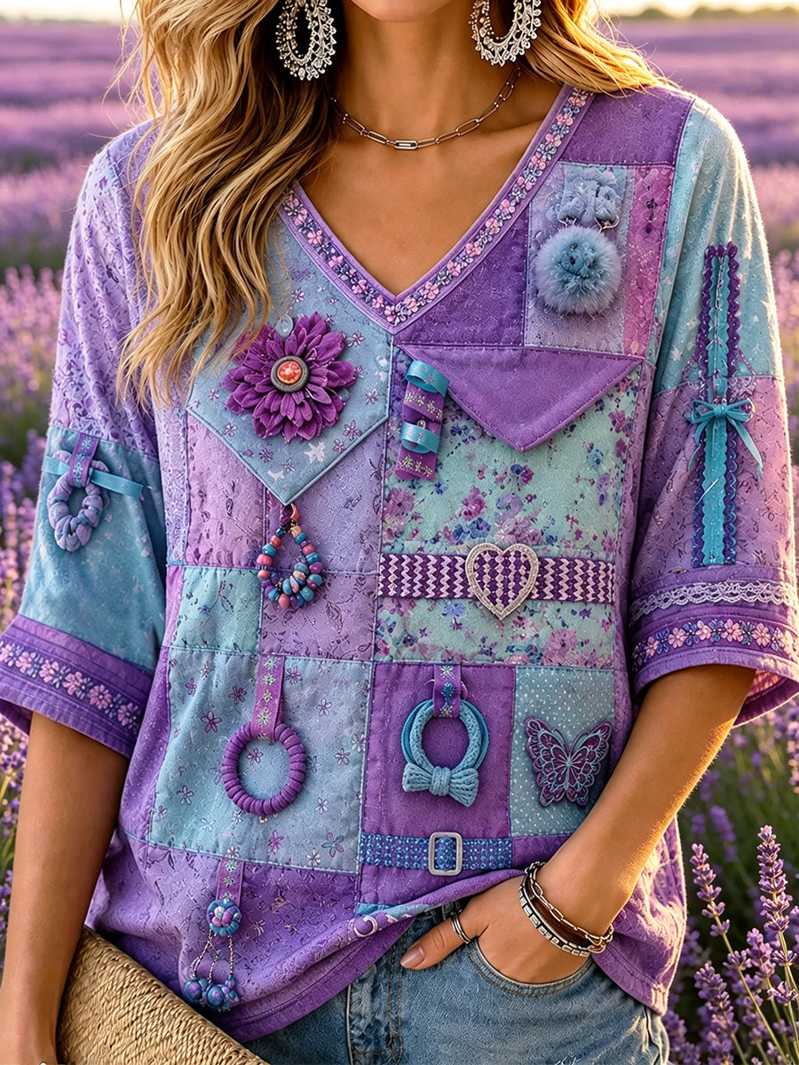 Kvinders lilla patchwork mønster Print Alzheimers bevidsthed Support Midt-længde ærmer V-hals T- Tryke