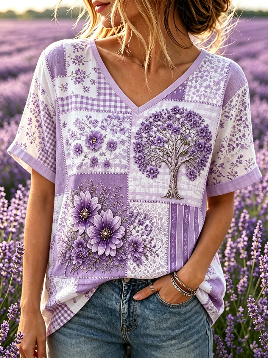 Kvinders Alzheimer's Bevidsthed Support Patchwork Art Print Linen Kortærmet T-shirt