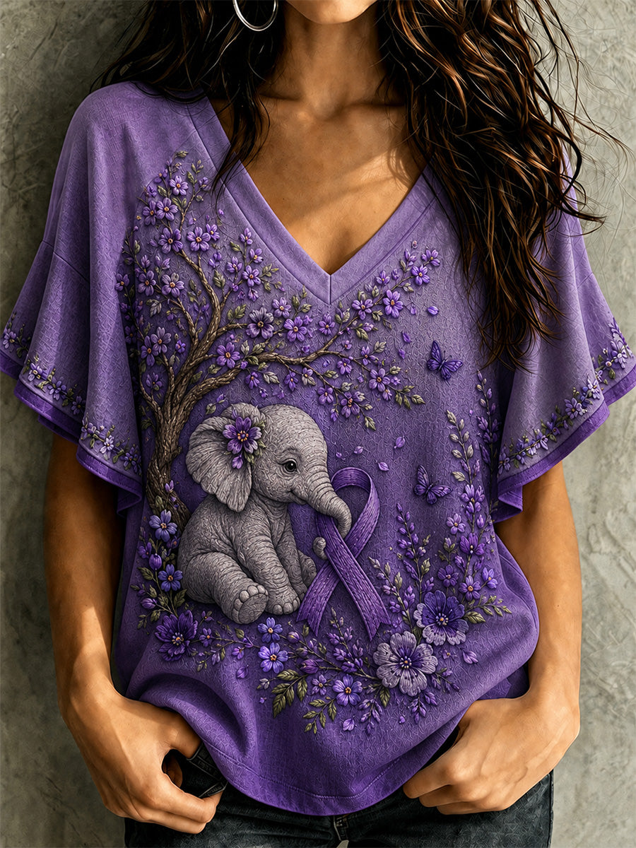 Kvinders lilla blomster & Elefant Print Alzheimers bevidsthed Support Ruffle ærme Tee