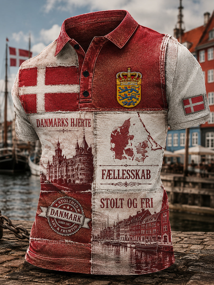Polo-skjorte til mænd med korte ærmer og patriotisk hyldestprint