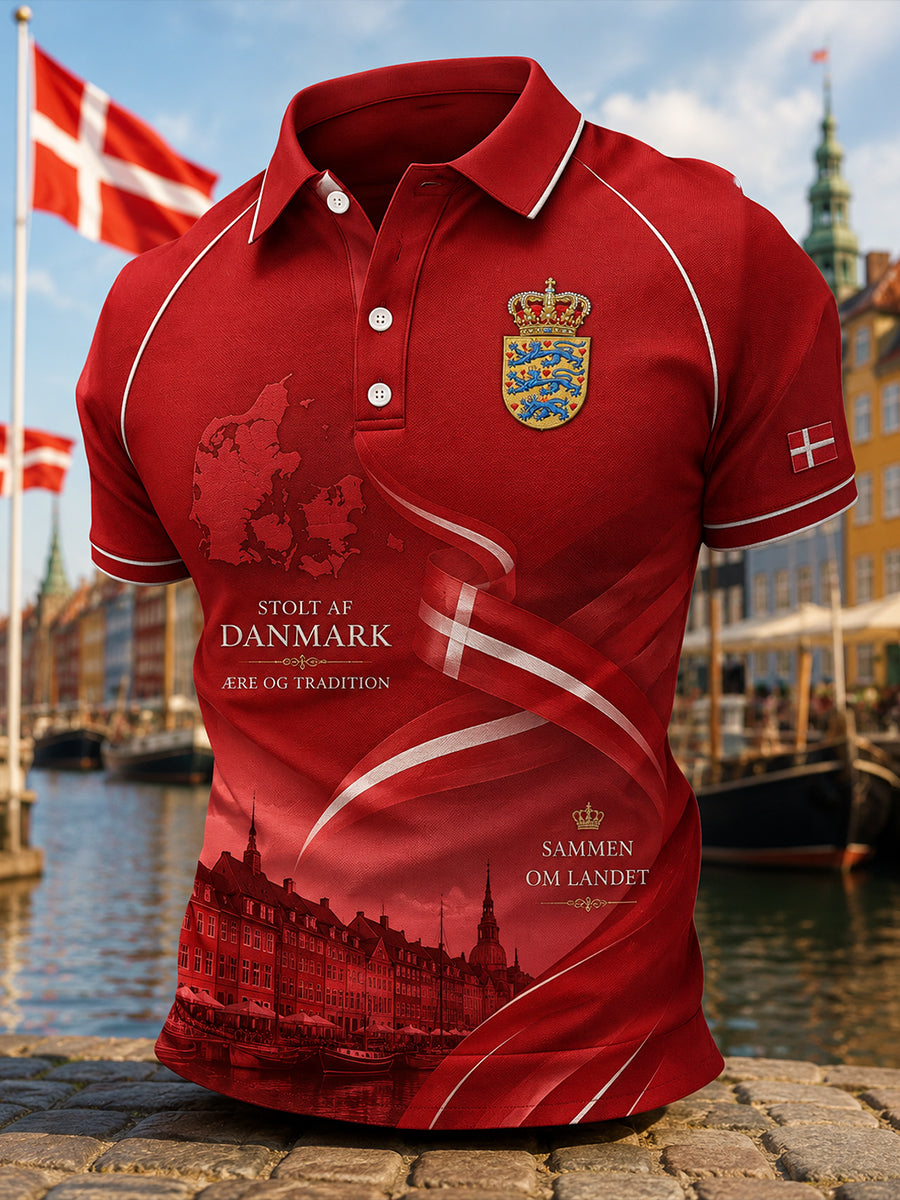 Polo-skjorte til mænd med korte ærmer og patriotisk hyldestprint